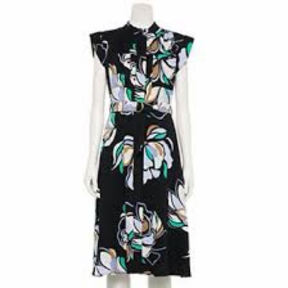 Nine West Black Floral Midi Dress with Green & Cream Accents